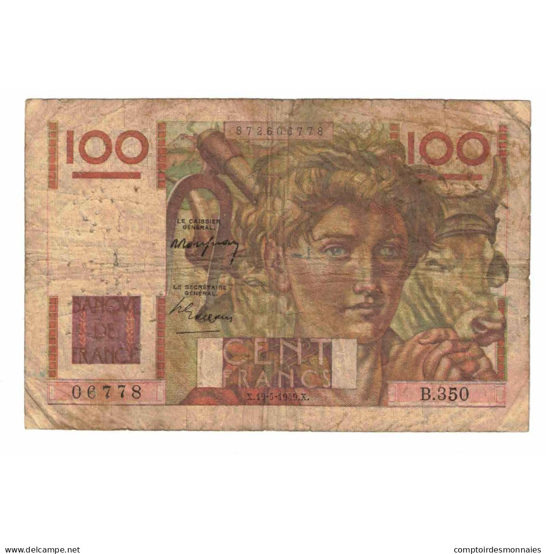 France, 100 Francs, Jeune Paysan, 1949, B.350, B, Fayette:28.24, KM:128b - 100 F 1945-1954 ''Jeune Paysan''