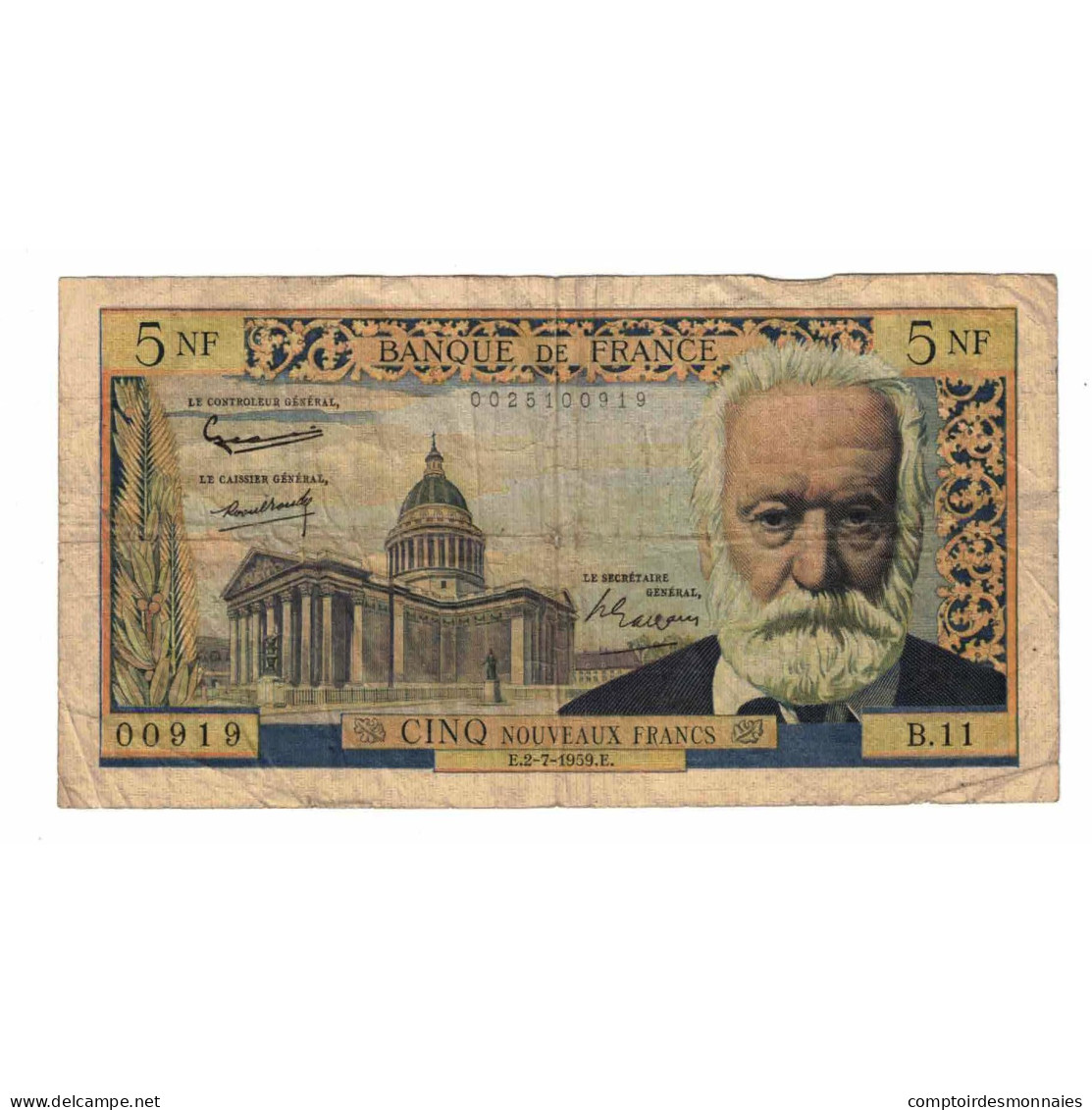 France, 5 Nouveaux Francs, Victor Hugo, 1959, B.11, TB+, Fayette:56.02, KM:141a - 5 NF 1959-1965 ''Victor Hugo''