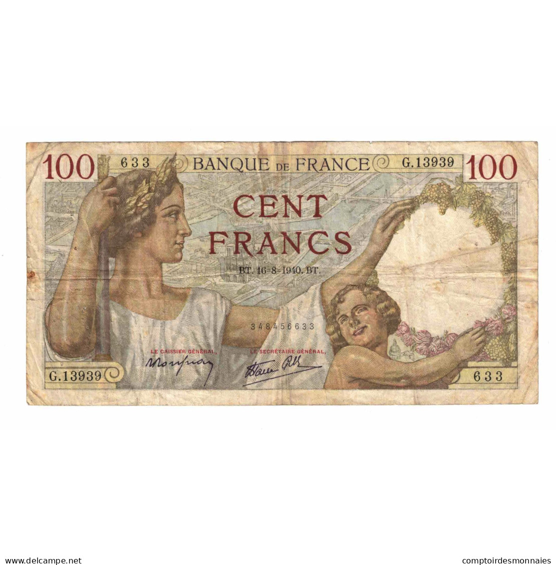 France, 100 Francs, Sully, 1940, G.13939, TB, Fayette:26.36, KM:94 - 100 F 1939-1942 ''Sully''