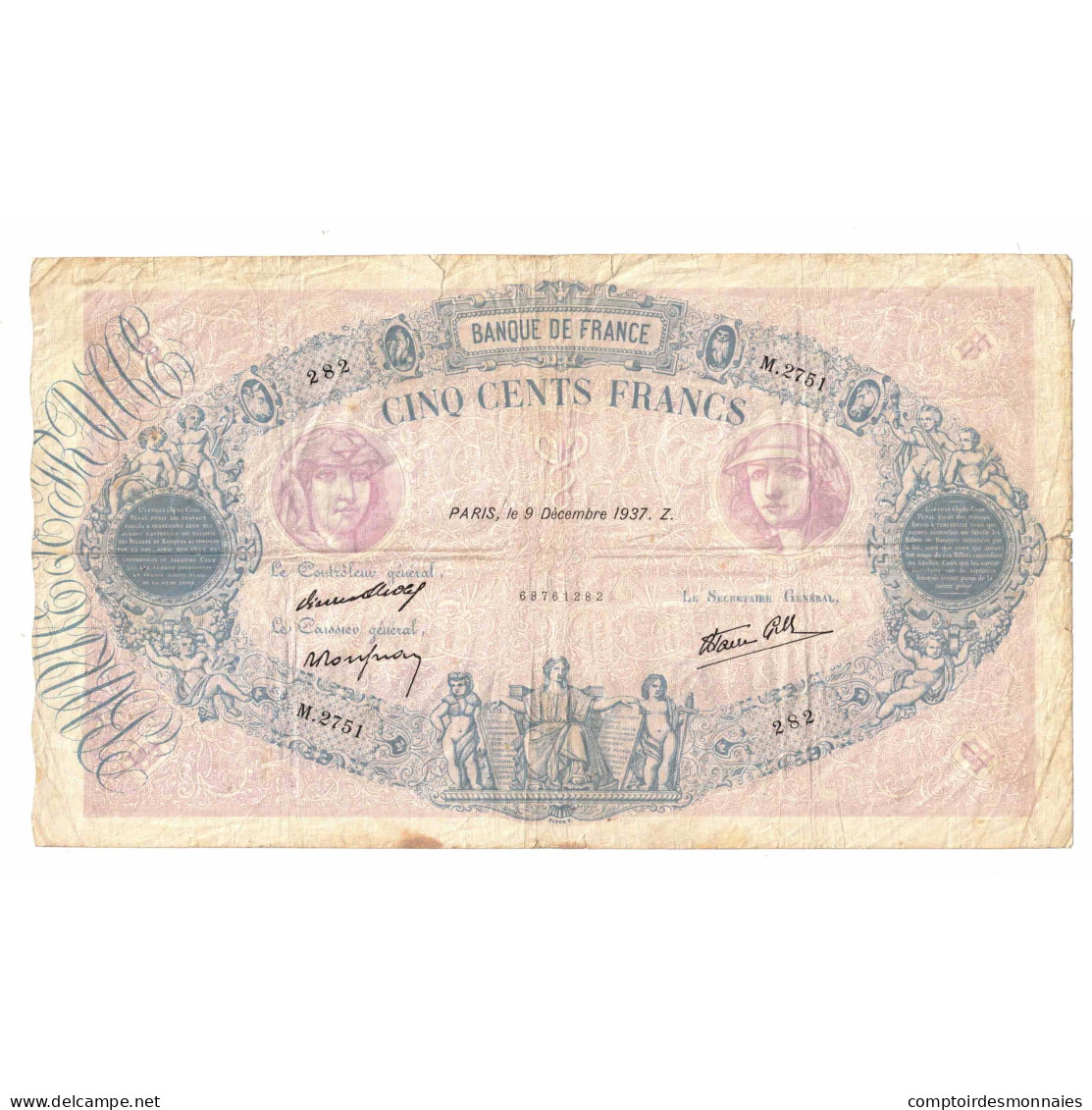 France, 500 Francs, Bleu Et Rose, 1937, M.2751, TB+, Fayette:31.5, KM:88b - 500 F 1888-1940 ''Bleu Et Rose''