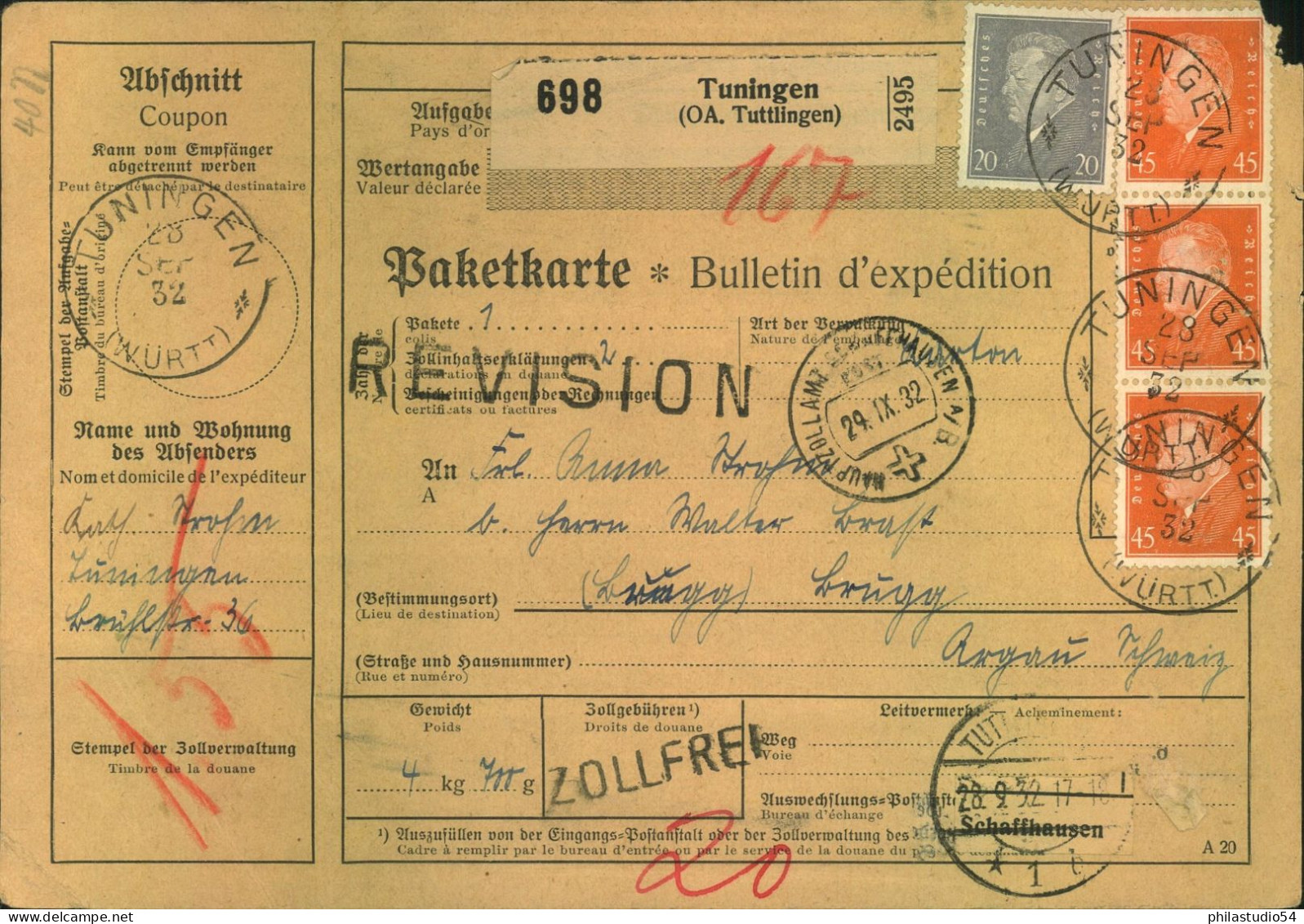 1932, Auslandspaketkarte Ab TUNINGEN In Dis Echweit - Cartas & Documentos