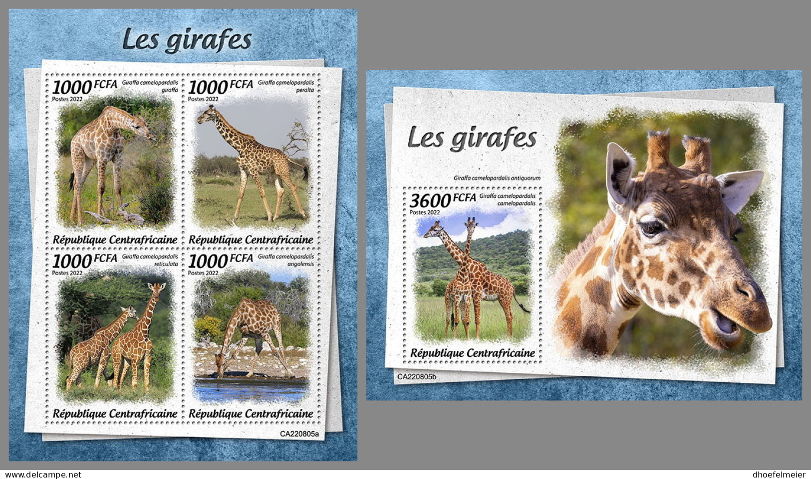 CENTRAL AFRICAN 2022 MNH Giraffes Giraffen Girafes M/S+S/S - OFFICIAL ISSUE - DHQ2323 - Giraffes