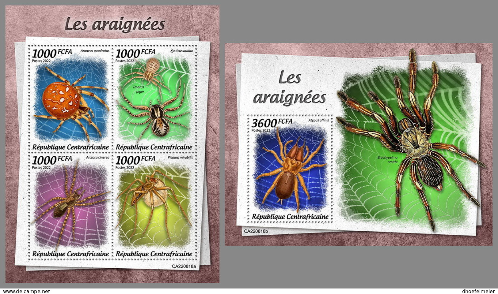 CENTRAL AFRICAN 2022 MNH Spiders Spinnen Araignees M/S+S/S - OFFICIAL ISSUE - DHQ2323 - Araignées