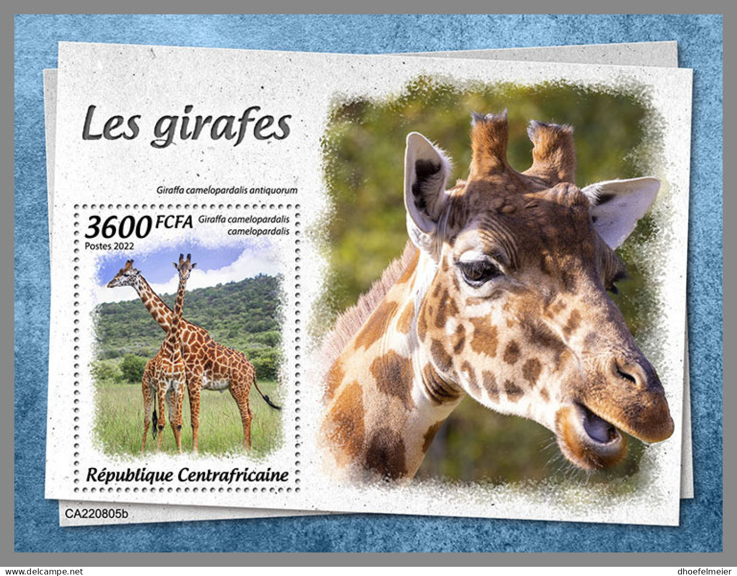 CENTRAL AFRICAN 2022 MNH Giraffes Giraffen Girafes S/S - IMPERFORATED - DHQ2323 - Giraffes