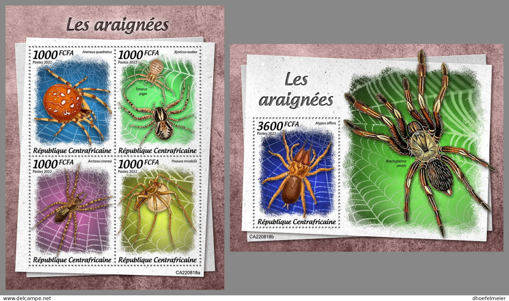 CENTRAL AFRICAN 2022 MNH Spiders Spinnen Araignees M/S+S/S - IMPERFORATED - DHQ2323 - Spinnen