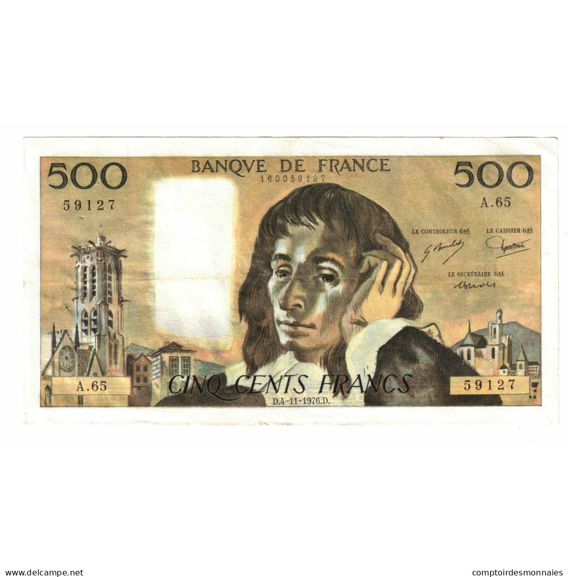France, 500 Francs, Pascal, 1976, A.65, TB+, Fayette:71.15, KM:156d - 500 F 1968-1993 ''Pascal''