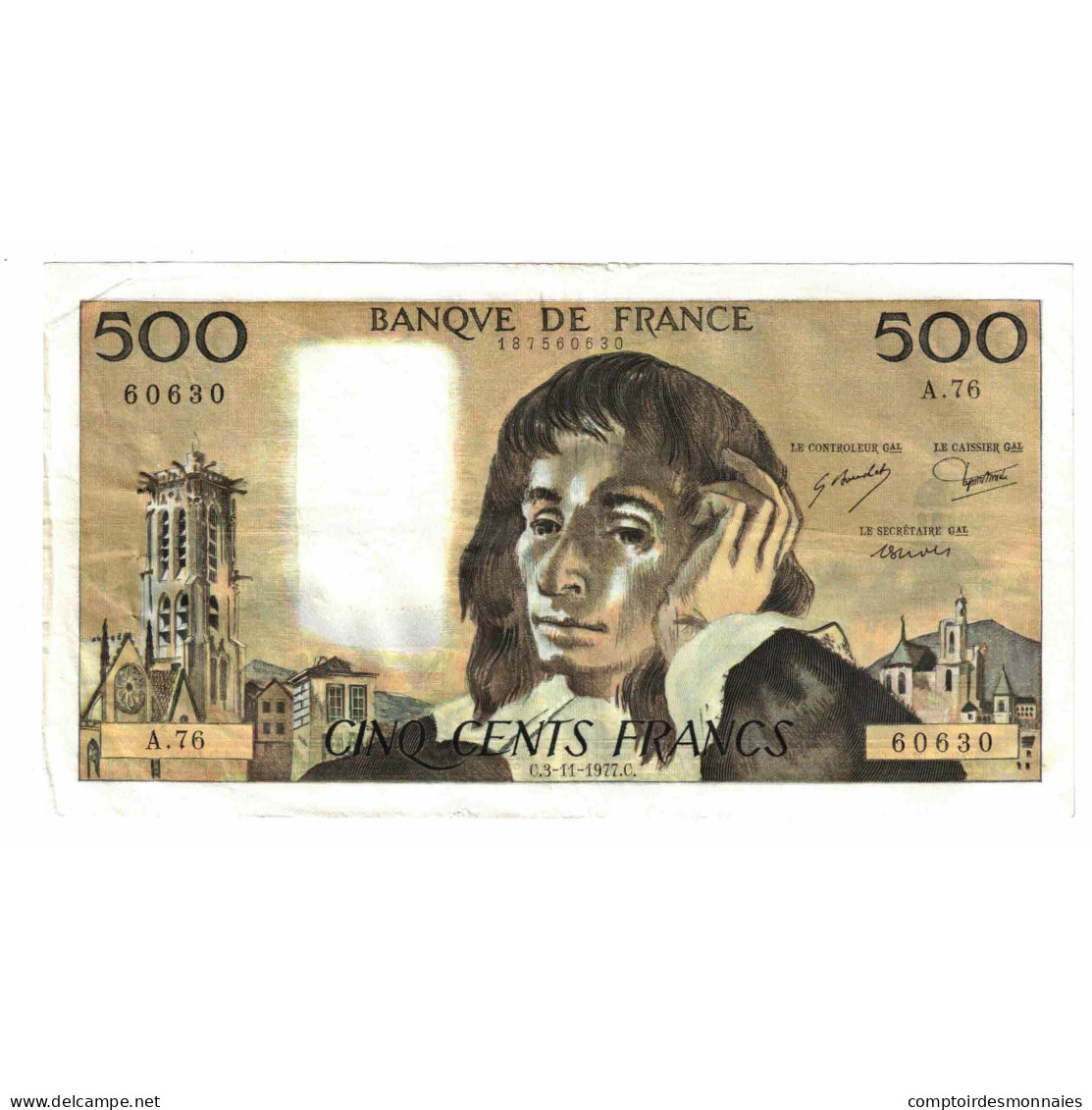 France, 500 Francs, Pascal, 1977, A.76, TTB, Fayette:71.17, KM:156d - 500 F 1968-1993 ''Pascal''