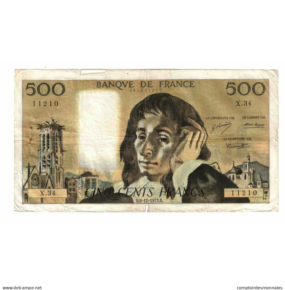 France, 500 Francs, Pascal, 1973, X.34, B+, Fayette:71.10, KM:156b - 500 F 1968-1993 ''Pascal''