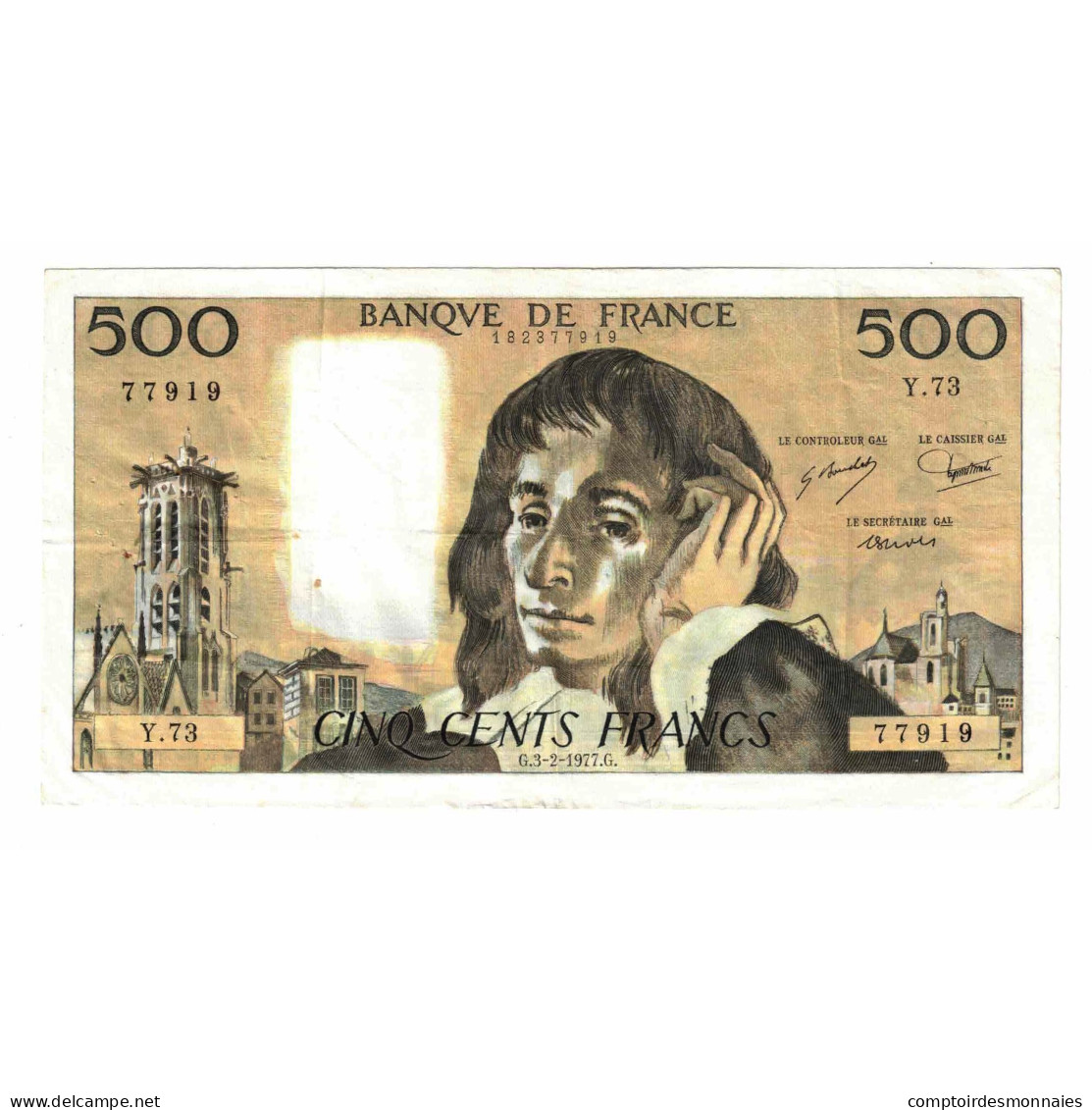 France, 500 Francs, Pascal, 1977, Y.73, TB+, Fayette:71.16, KM:156d - 500 F 1968-1993 ''Pascal''