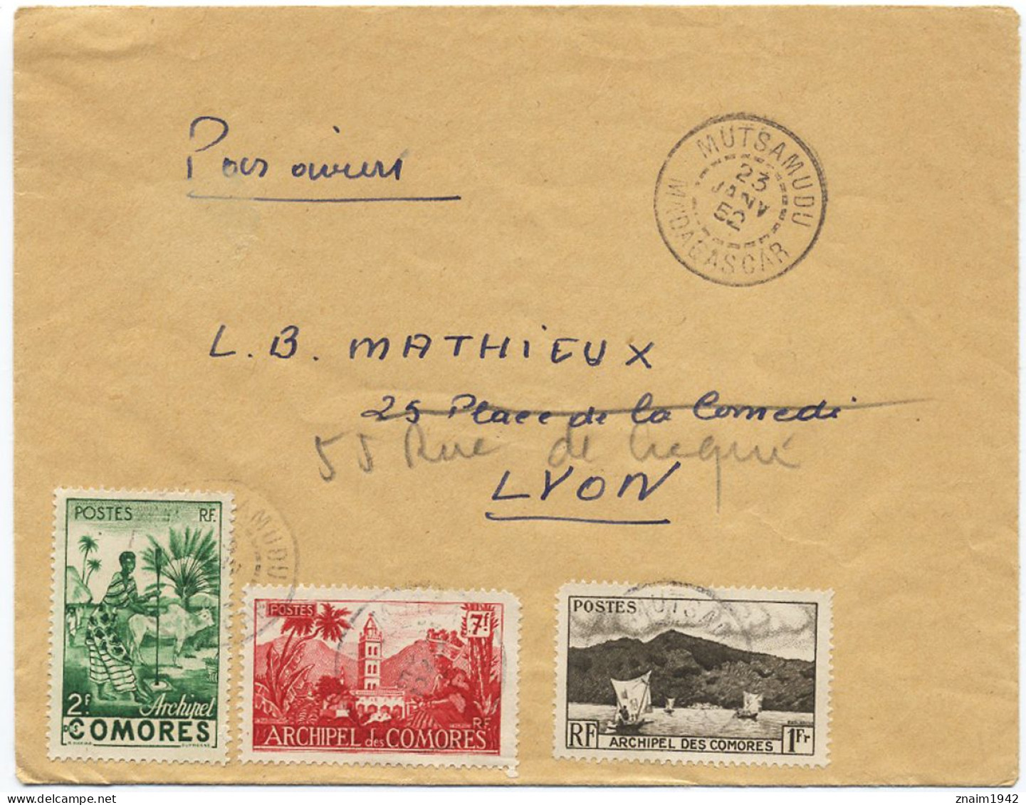 1952 COMORES LETTRE PAR AVION POUR  PARIS OBLITEREE MUTSAMUDU 23 JANV 52 MADAGASCAR - Covers & Documents