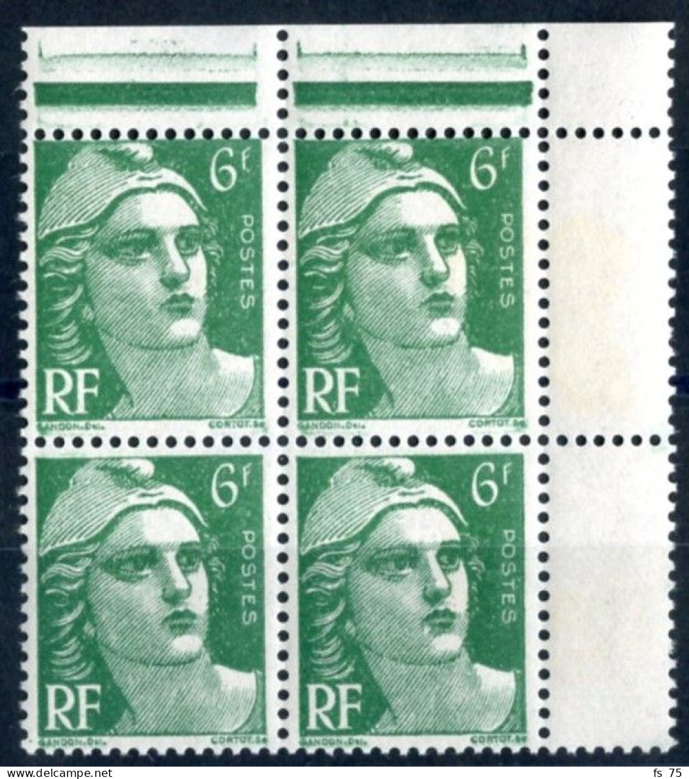 FRANCE - N°884b 6F VERT GANDON MECHES CROISEES DANS UN BLOC DE 4 SANS CHARNIERE ** - Unused Stamps