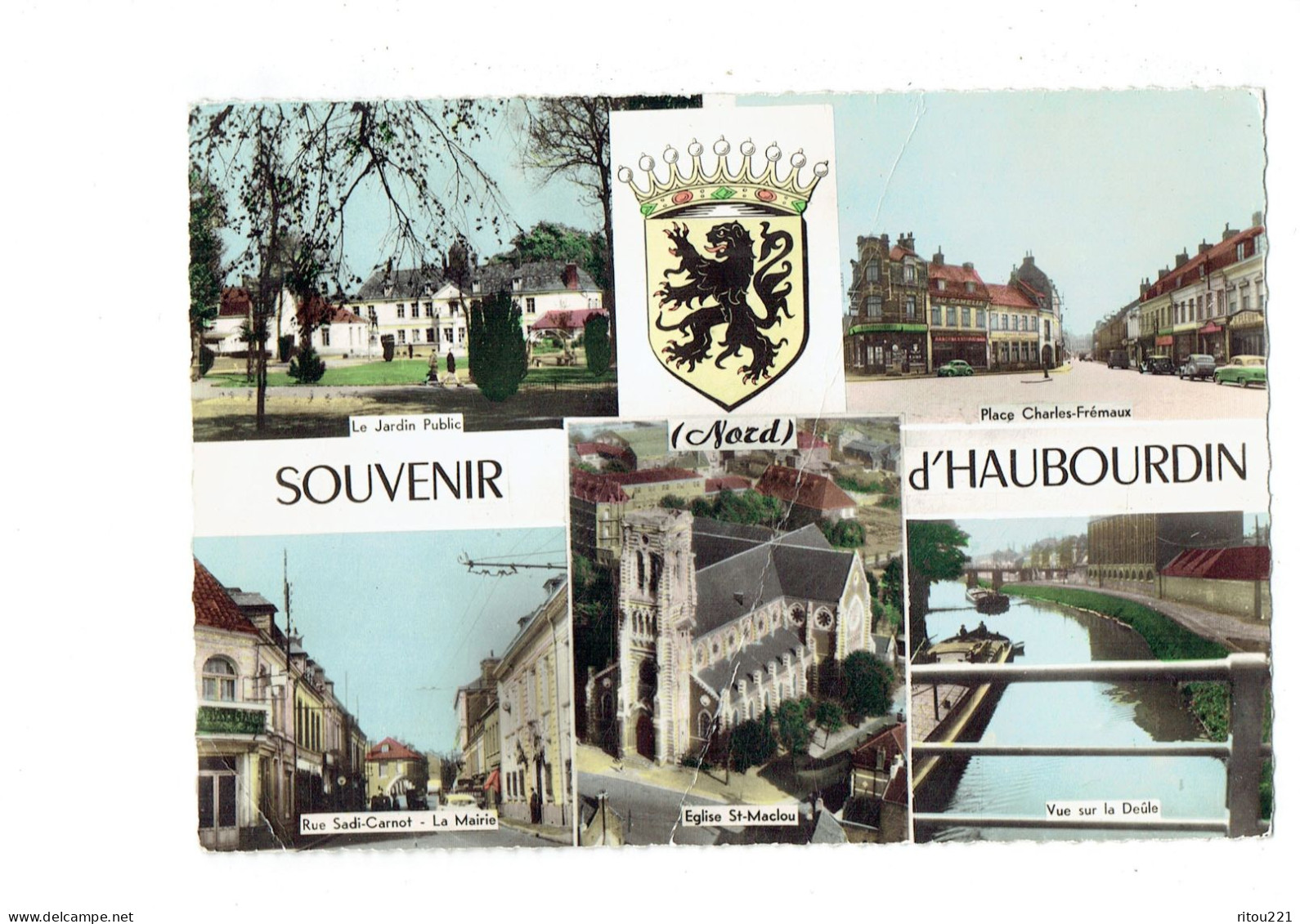 Cpm - 59 - Nord > Haubourdin - Souvenir Blason Place Frémaux Rue Sadi Carnot Jardin AU CAMELIA La Deûle Péniche - Haubourdin