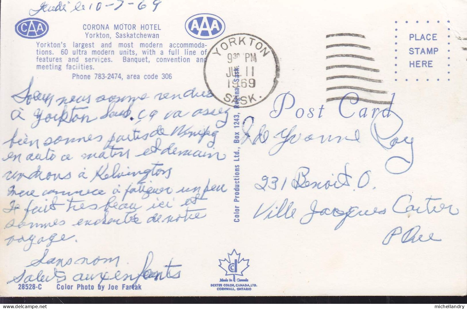 Carte Postal (122394) Corona Motor Hotel, Yorkton, Saskatchewan, Canada Sans Timbre Avec écriture - Otros & Sin Clasificación