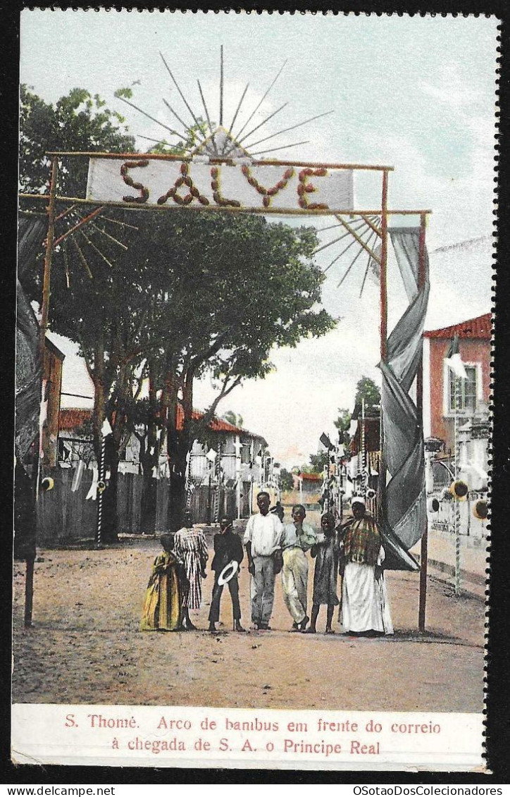Postal S. Tomé E Principe - S. Thomé - Arco Bambus Frente Do Correio Chegada De S. A. O Principe Real - CPA Anime Etnic - Sao Tomé E Principe