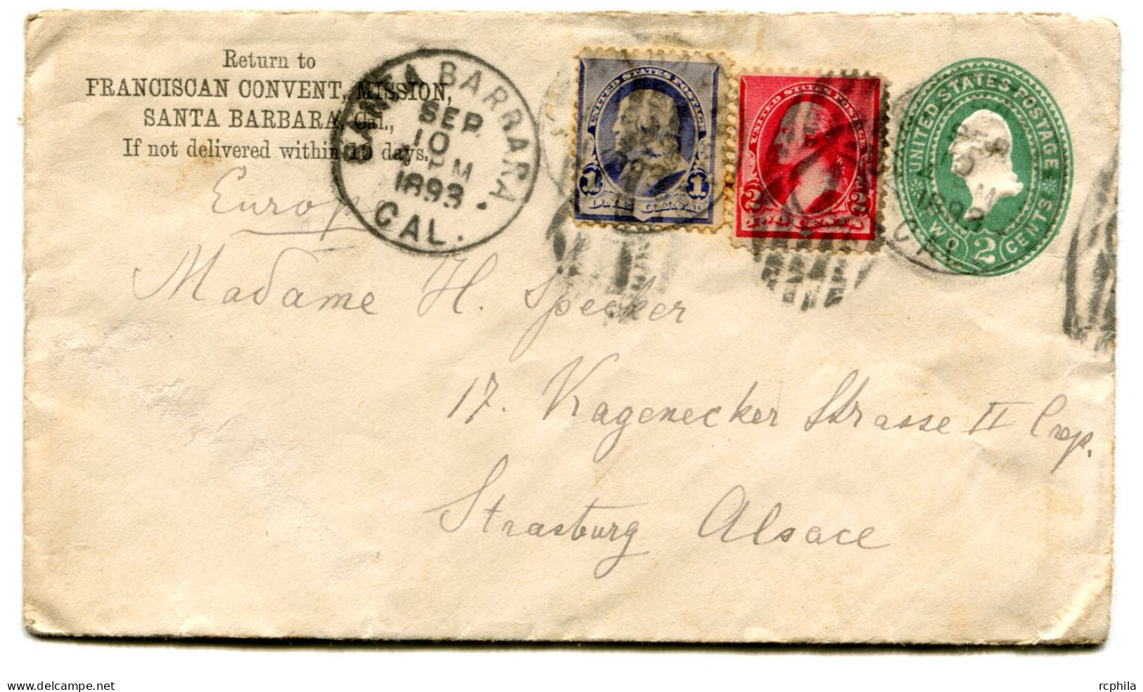 RC 25372 ETATS UNIS USA 1893 ENTIER POSTAL DE SANTA BARBARA POUR STRASBOURG ALSACE - ...-1900