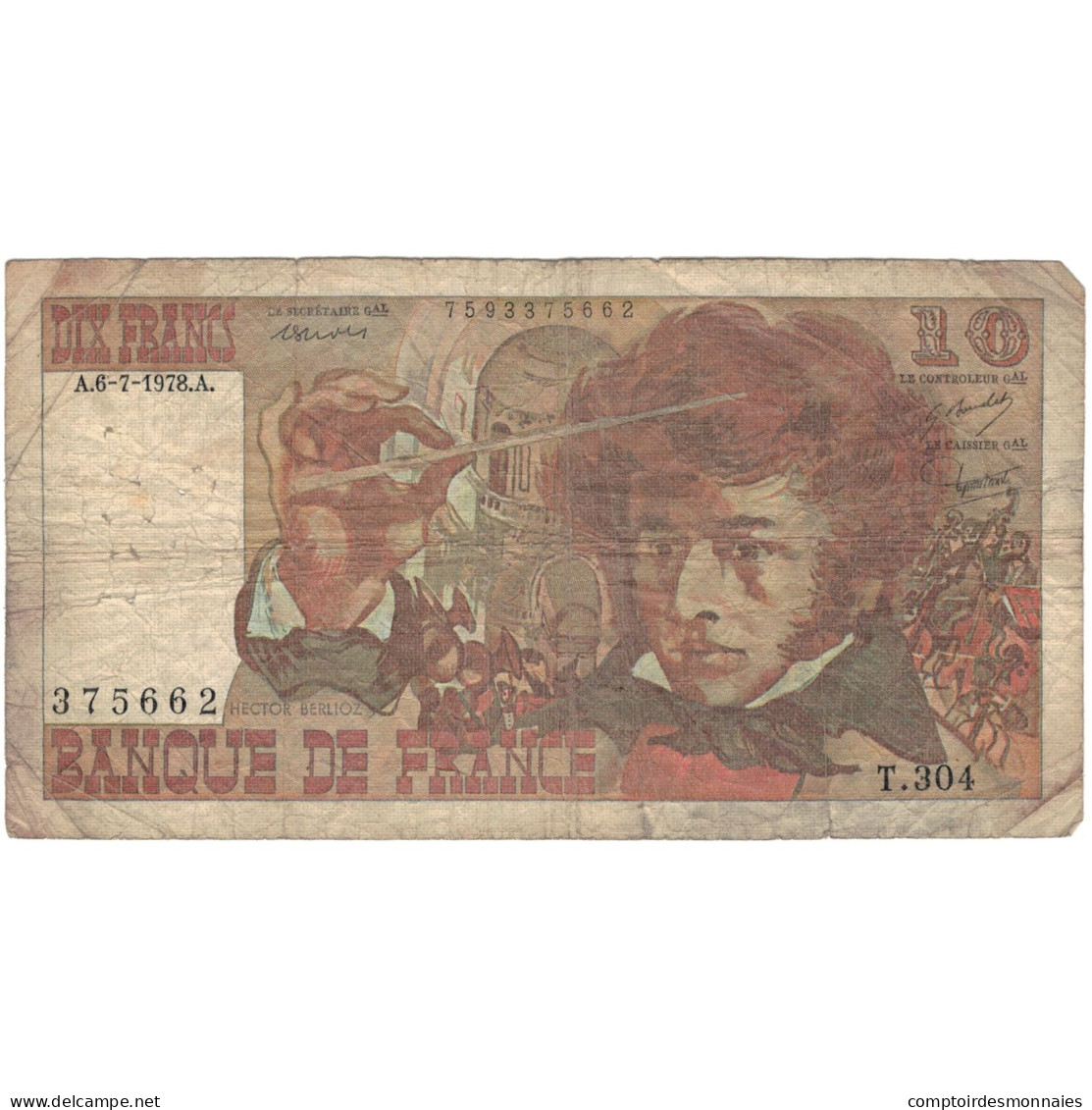 France, 10 Francs, Berlioz, 1978, T.304, B, Fayette:63.24a, KM:150c - 10 F 1972-1978 ''Berlioz''