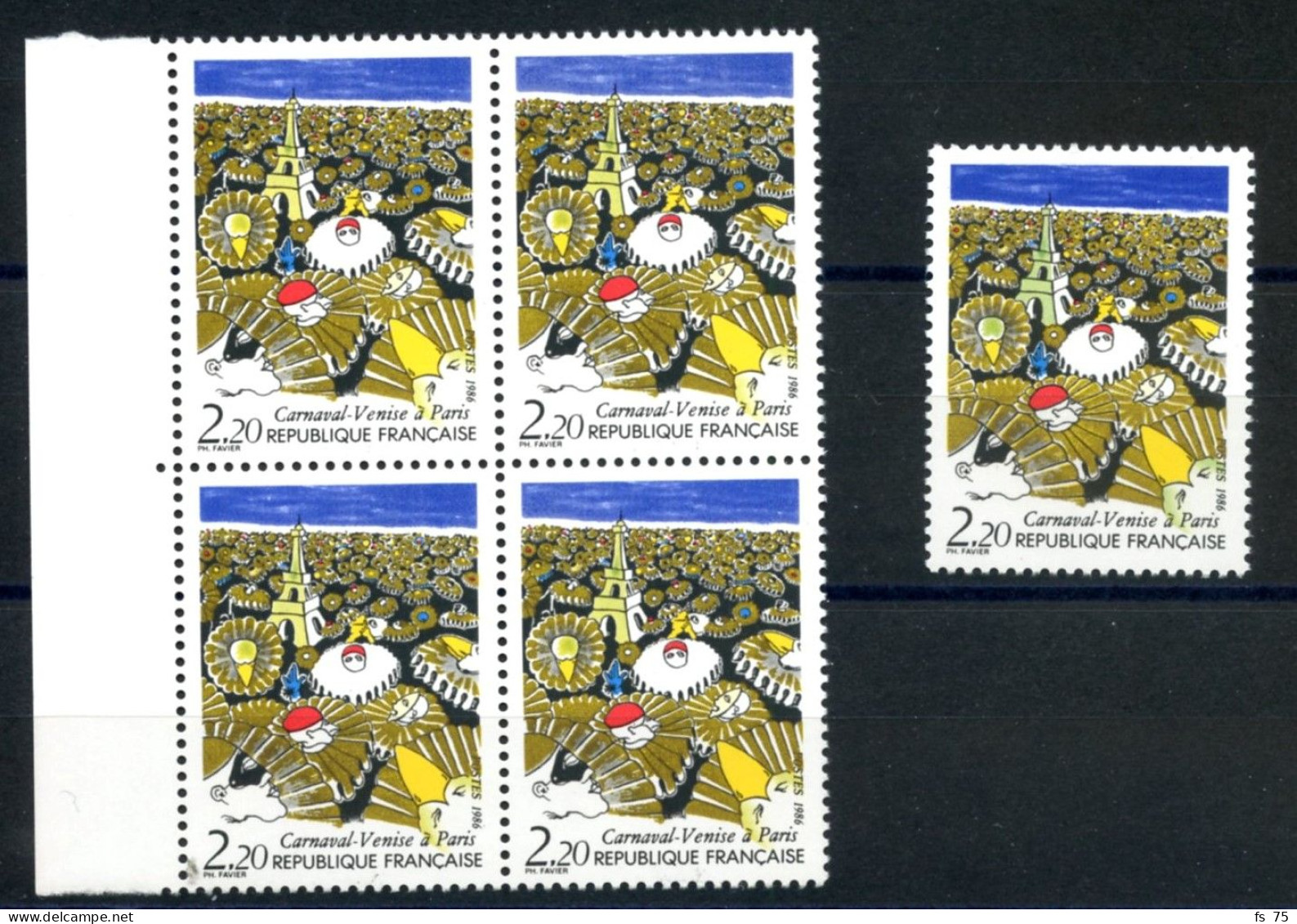 FRANCE - N°2395 2F20 CARNAVAL DE VENISE VARIETE TOUR EIFFEL JAUNE AU LIEU DE VERTE EN BLOC DE 4 SANS CHARNIERE ** - Unused Stamps
