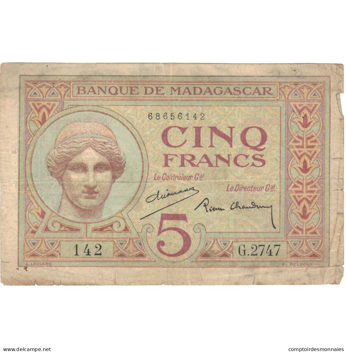 Billet, Madagascar, 5 Francs, Undated (1937), KM:35, TB - Madagascar