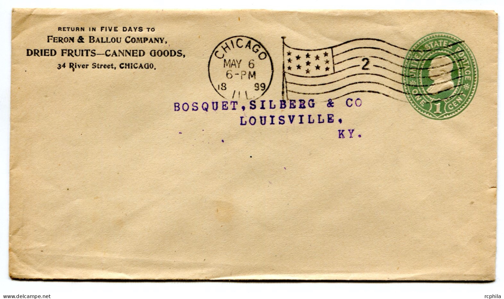 RC 25381 ETATS UNIS USA 1899 ENTIER POSTAL DE CHICAGO FLAG 2 CANCEL POUR LOUISVILLE - ...-1900
