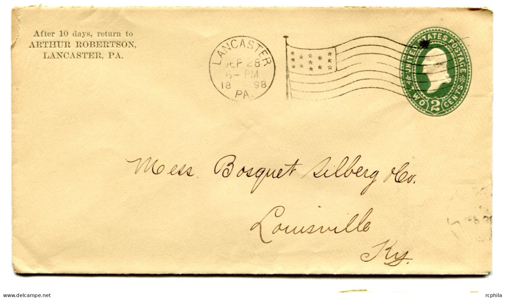 RC 25384 ETATS UNIS USA 1898 ENTIER POSTAL DE LANCASTER FLAG CANCEL POUR LOUISVILLE - ...-1900