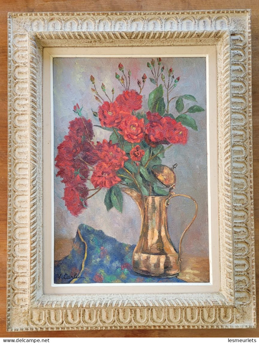 Rare Peinture Toile 55X38 Cm Tableau Artiste Victor Carlu Nature Morte Roses Pichet - Gouaches