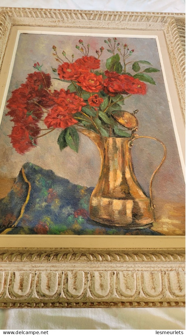 Rare Peinture Toile 55X38 Cm Tableau Artiste Victor Carlu Nature Morte Roses Pichet - Radierungen