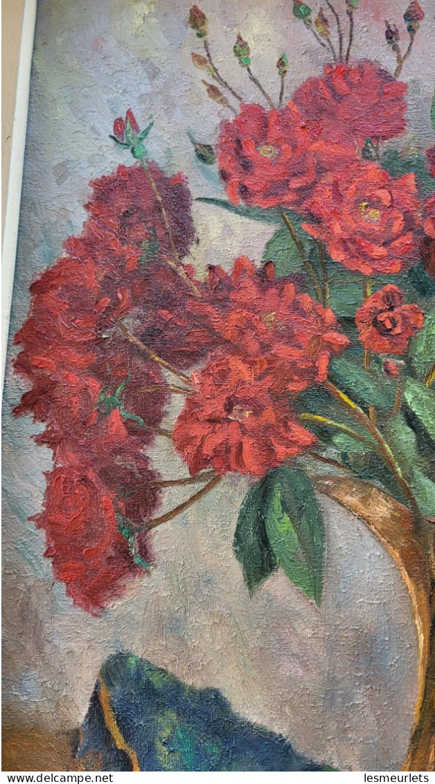 Rare peinture toile 55X38 cm tableau artiste Victor Carlu nature morte roses pichet