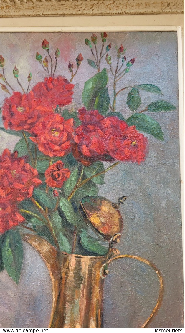 Rare peinture toile 55X38 cm tableau artiste Victor Carlu nature morte roses pichet
