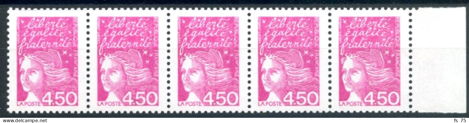 FRANCE - N°3096a 4F50 ROSE MARIANNE DE LUQUET BANDE DE 5 SANS PHOSPHORE SANS CHARNIERE ** - Unused Stamps