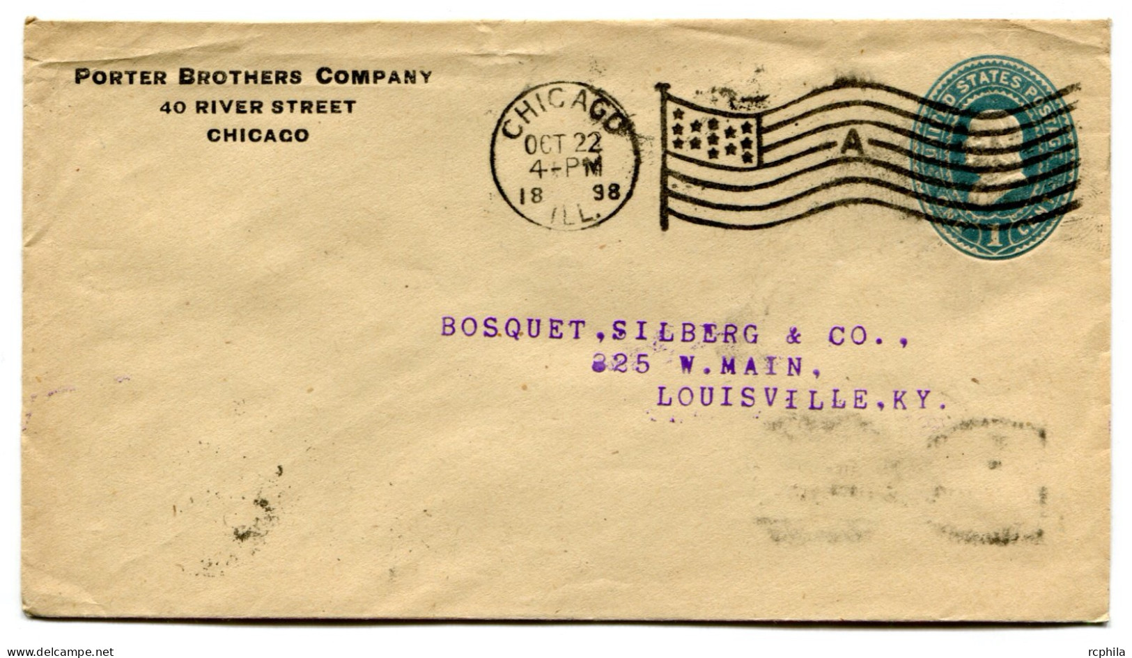 RC 25385 ETATS UNIS USA 1898 ENTIER POSTAL DE CHICAGO FLAG CANCEL LETTRE "A" POUR LOUISVILLE - ...-1900