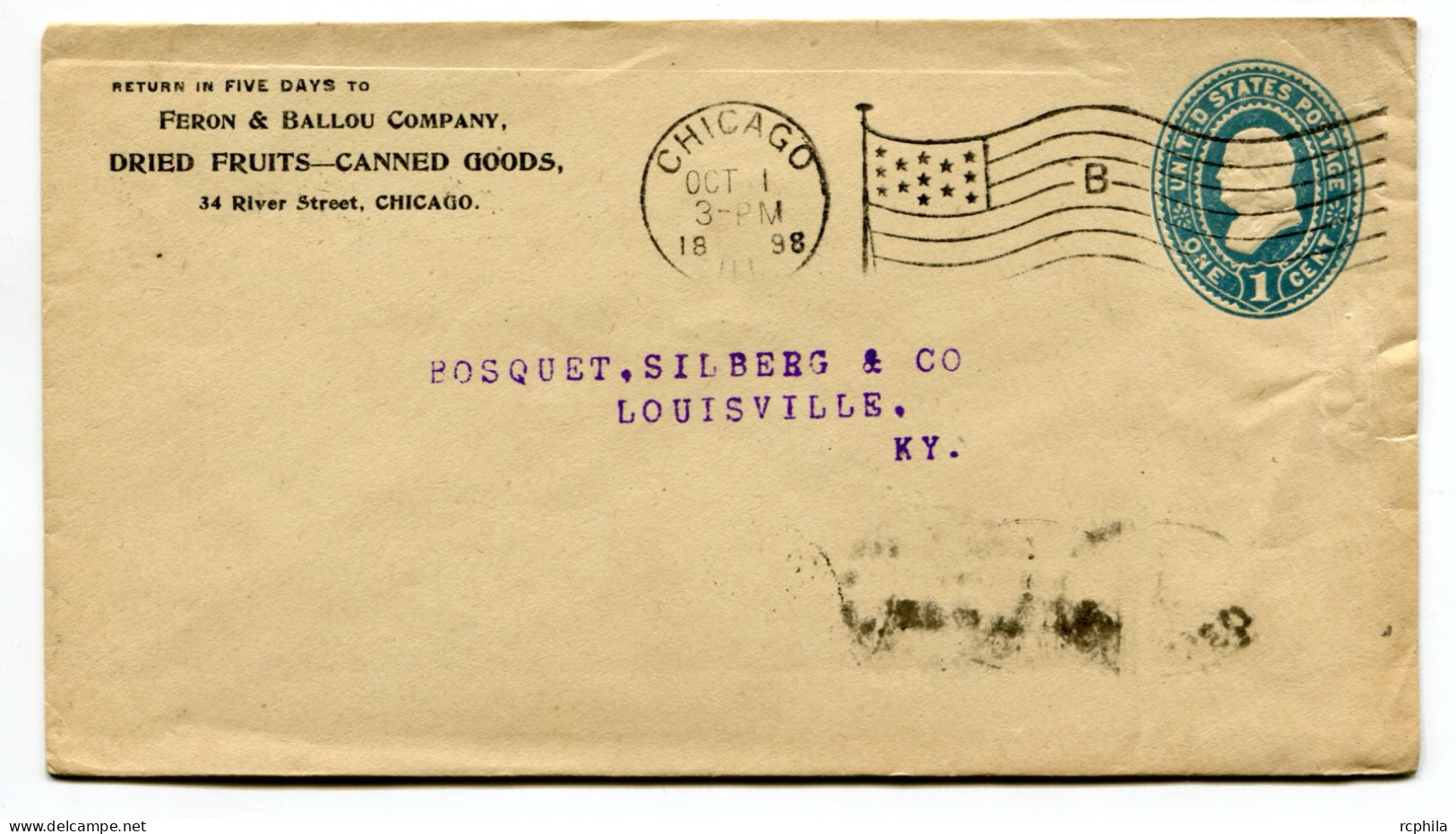 RC 25386 ETATS UNIS USA 1898 ENTIER POSTAL DE CHICAGO FLAG CANCEL LETTRE "B" POUR LOUISVILLE - ...-1900