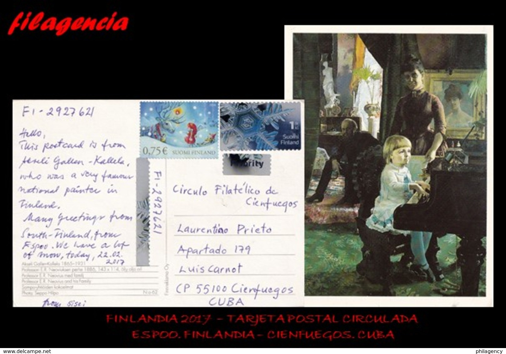 EUROPA. FINLANDIA. ENTEROS POSTALES. TARJETA POSTAL CIRCULADA 2017. ESPOO. FINLANDIA-CIENFUEGOS. CUBA. NAVIDADES - Brieven En Documenten