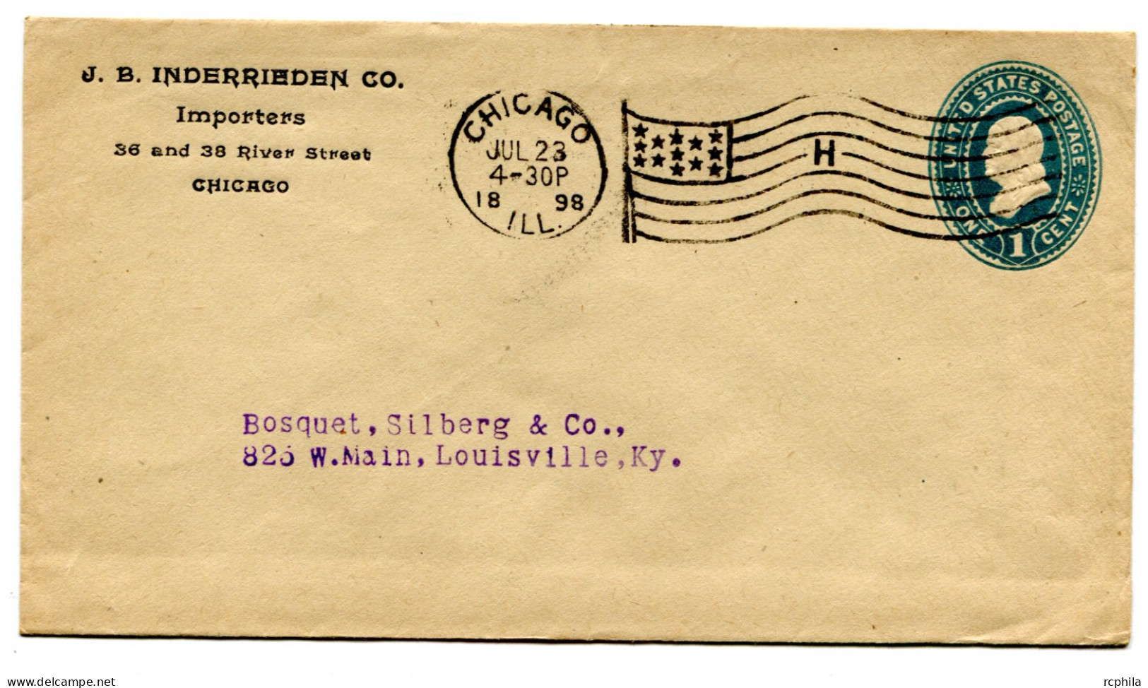 RC 25390 ETATS UNIS USA 1898 ENTIER POSTAL DE CHICAGO FLAG CANCEL LETTRE "H" POUR LOUISVILLE - ...-1900