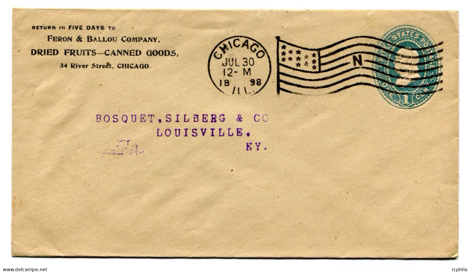 RC 25393 ETATS UNIS USA 1898 ENTIER POSTAL DE CHICAGO FLAG CANCEL LETTRE "N" POUR LOUISVILLE - ...-1900