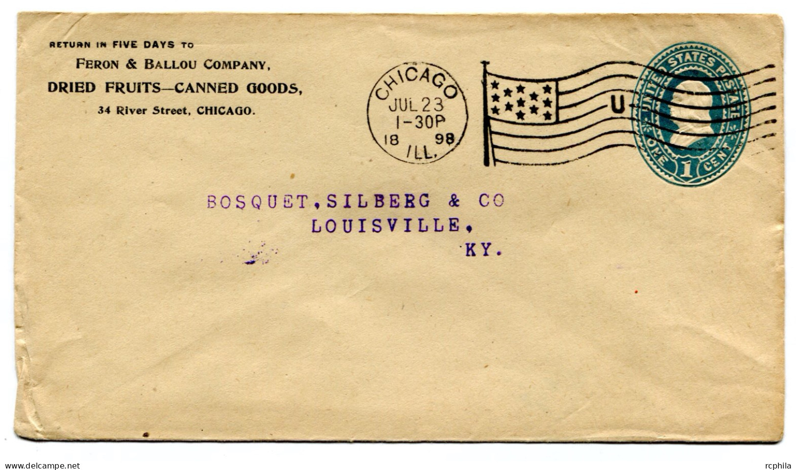 RC 25396 ETATS UNIS USA 1898 ENTIER POSTAL DE CHICAGO FLAG CANCEL LETTRE "U" POUR LOUISVILLE - ...-1900