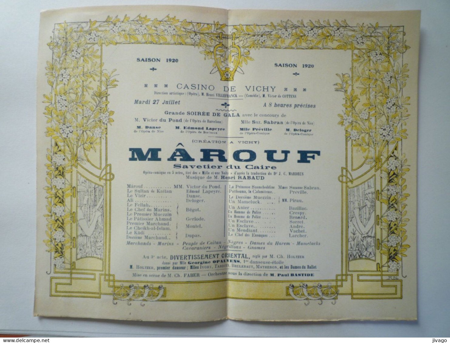 2023 - 1295  CASINO De VICHY  :  PROGRAMME  1920  " MÂROUF  Savetier Du CAIRE "  (style ART NOUVEAU)   XXX - Programmes