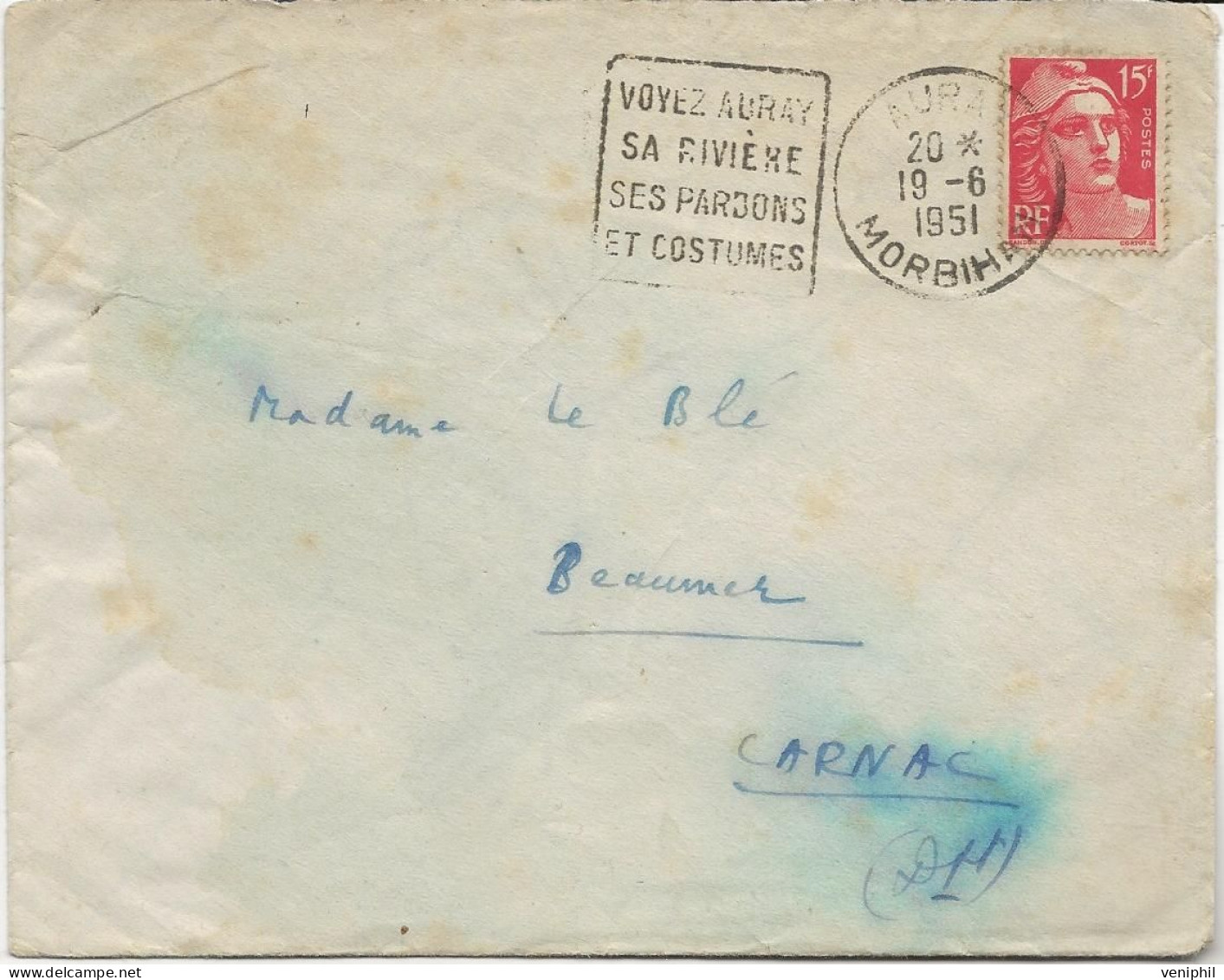 LETTRE AFFRANCHIE N° 813 -OBLITERATION DAGUIN  " VOYEZ AURAY -SA RIVIERE -SES PARDONS  ET COSTUMES " MORBIHAN- 1951 - Mechanical Postmarks (Other)