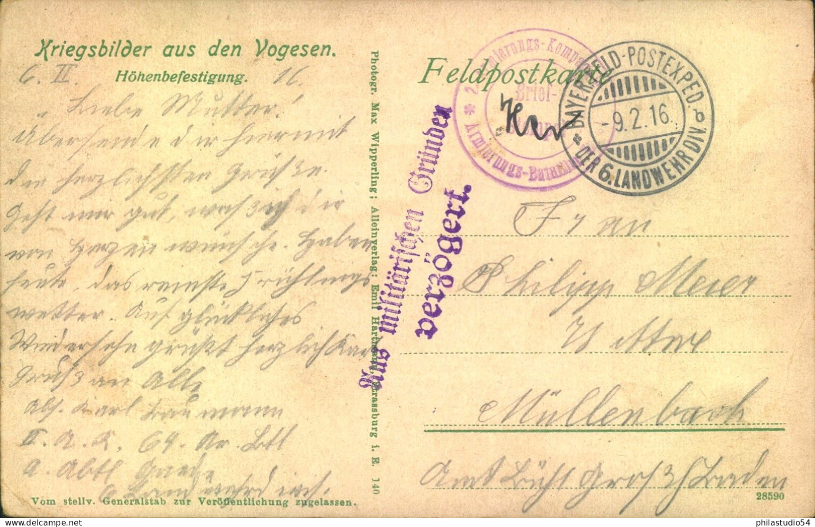 1916, Karte "BAYER. FELD-POST EXP. ,it L2 "Aus Militärischen Gründen Verzögert" - Briefe U. Dokumente