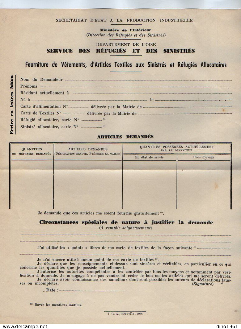 VP22.268 - Guerre 39 / 45 - Formulaire Vierge - Département De L'Oise - Service Des Réfugiés Et Des Sinistrés....... - Historical Documents