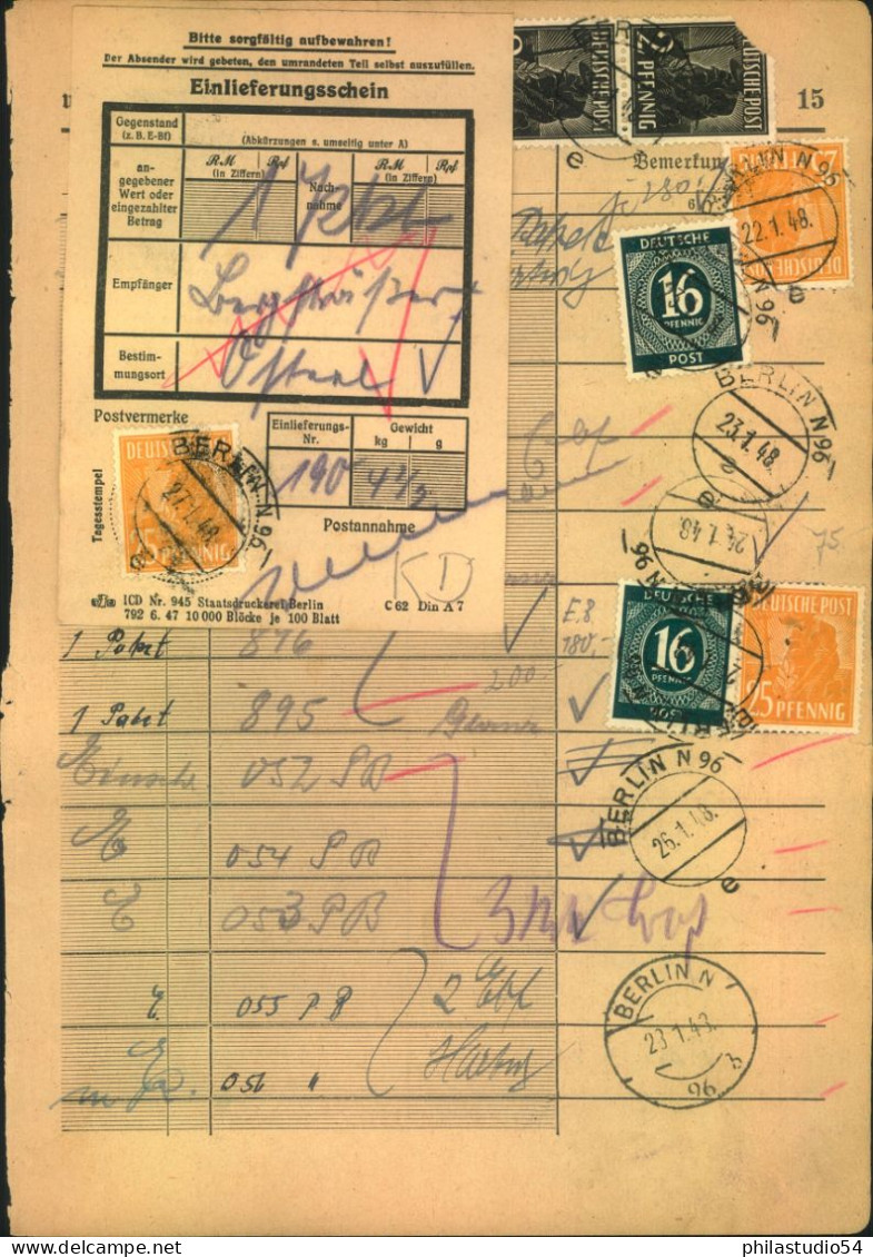 1948, 25 Pf. Arbeiter Als EF Auf Einlieferungsscheinfür Ein Paket Ab „BERLIN N 96“zzsammen Mit Anderen Frankierten Einli - Autres & Non Classés