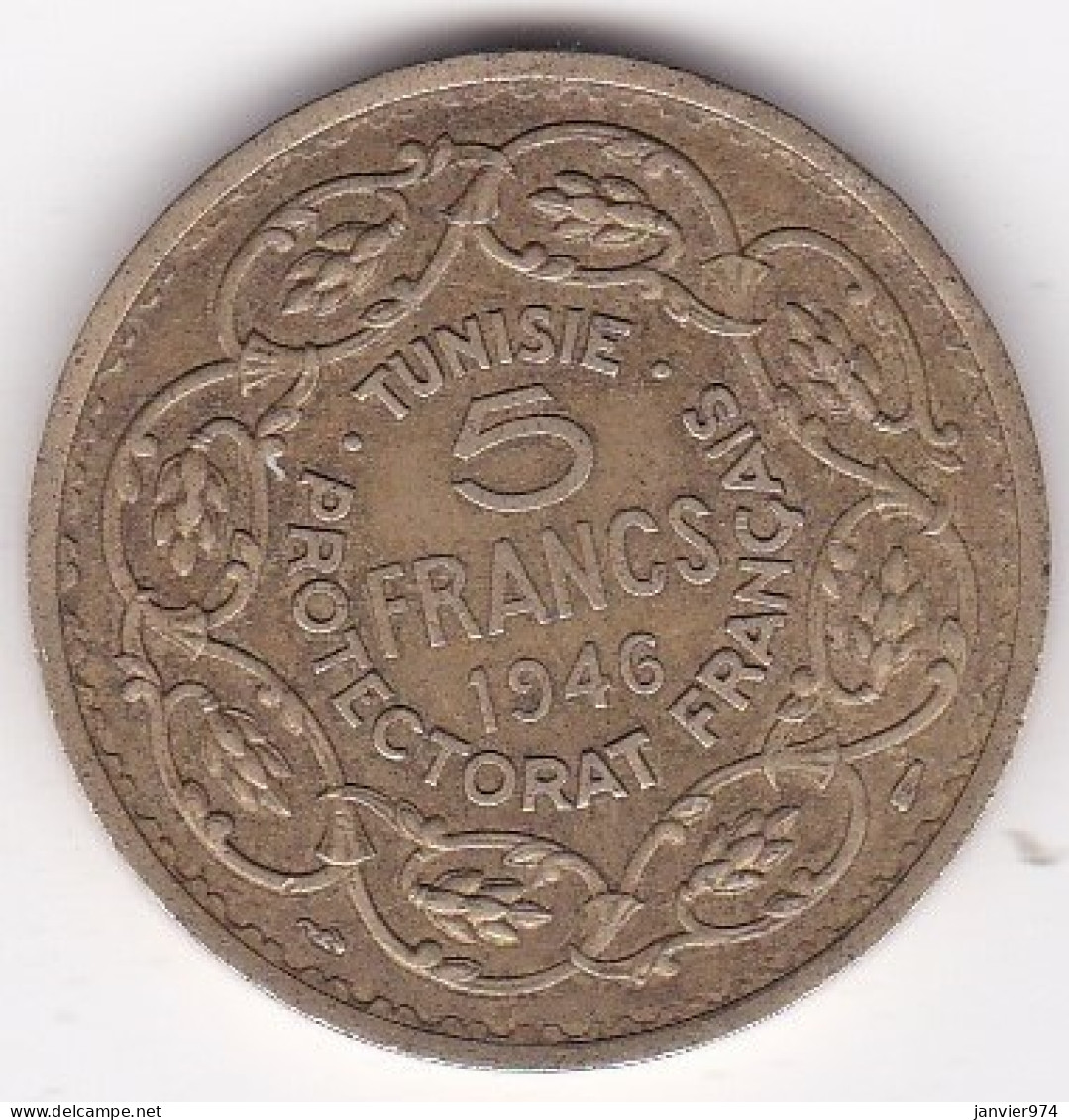 Protectorat Français. 5 Francs 1946 - AH 1365. Bronze -Aluminium, Lec# 312 - Tunisie