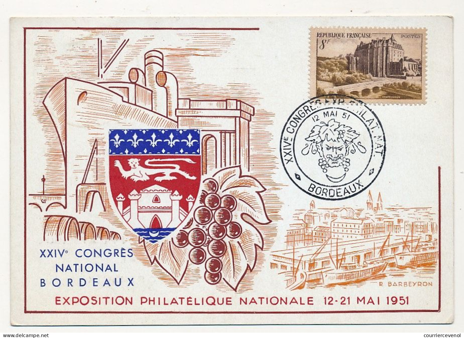 FRANCE - Carte Commémorative Et Cachet "XXIVe Congrès National BORDEAUX 1951" Expo Philatélique Nationale - Cachets Commémoratifs