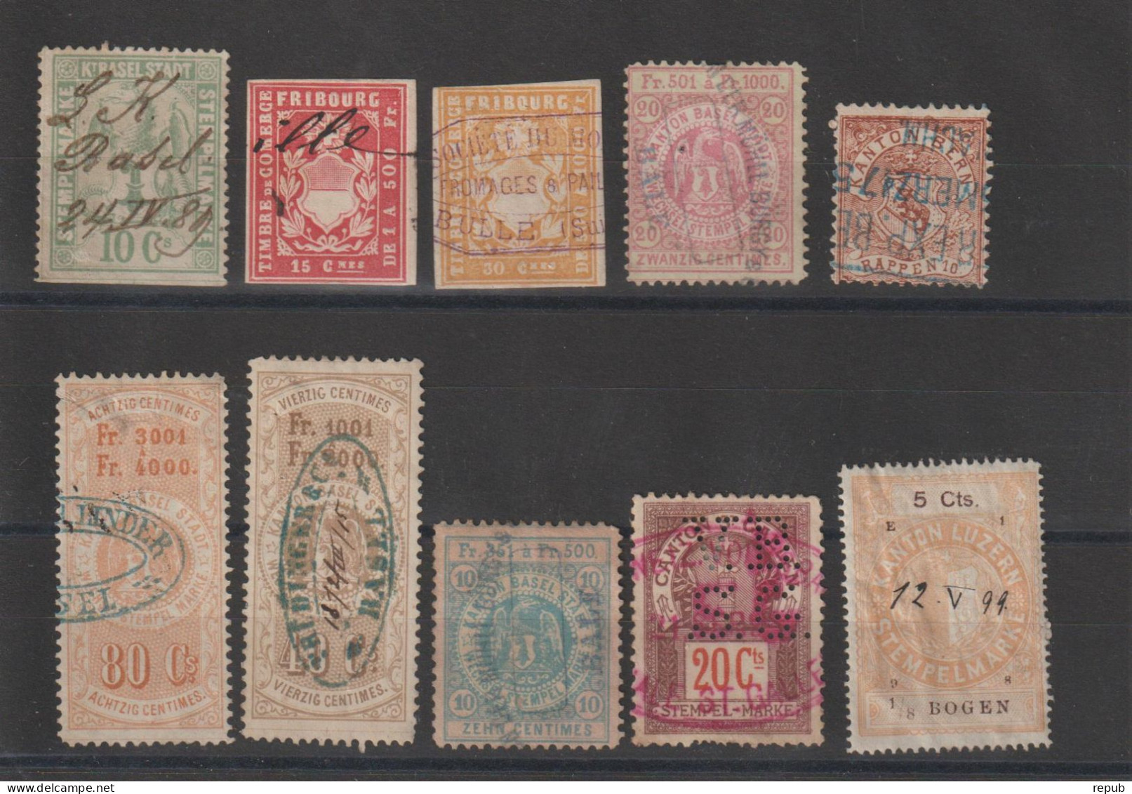 Suisse Lot De 10 Timbres Fiscaux Dont 1 Perforé VB/SG - Revenue Stamps