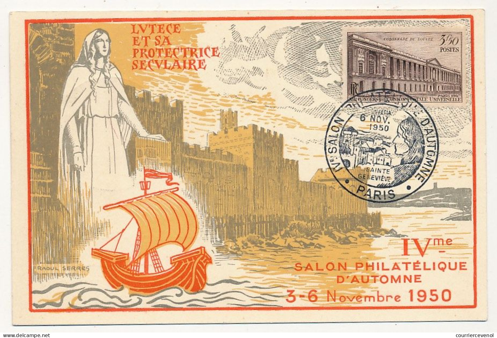 FRANCE => Carte Philatélique - 3,50 Colonnade Du Louvre - Cachet "IVeme Salon Philatélique D'Automne PARIS 6/11/1950" - Commemorative Postmarks