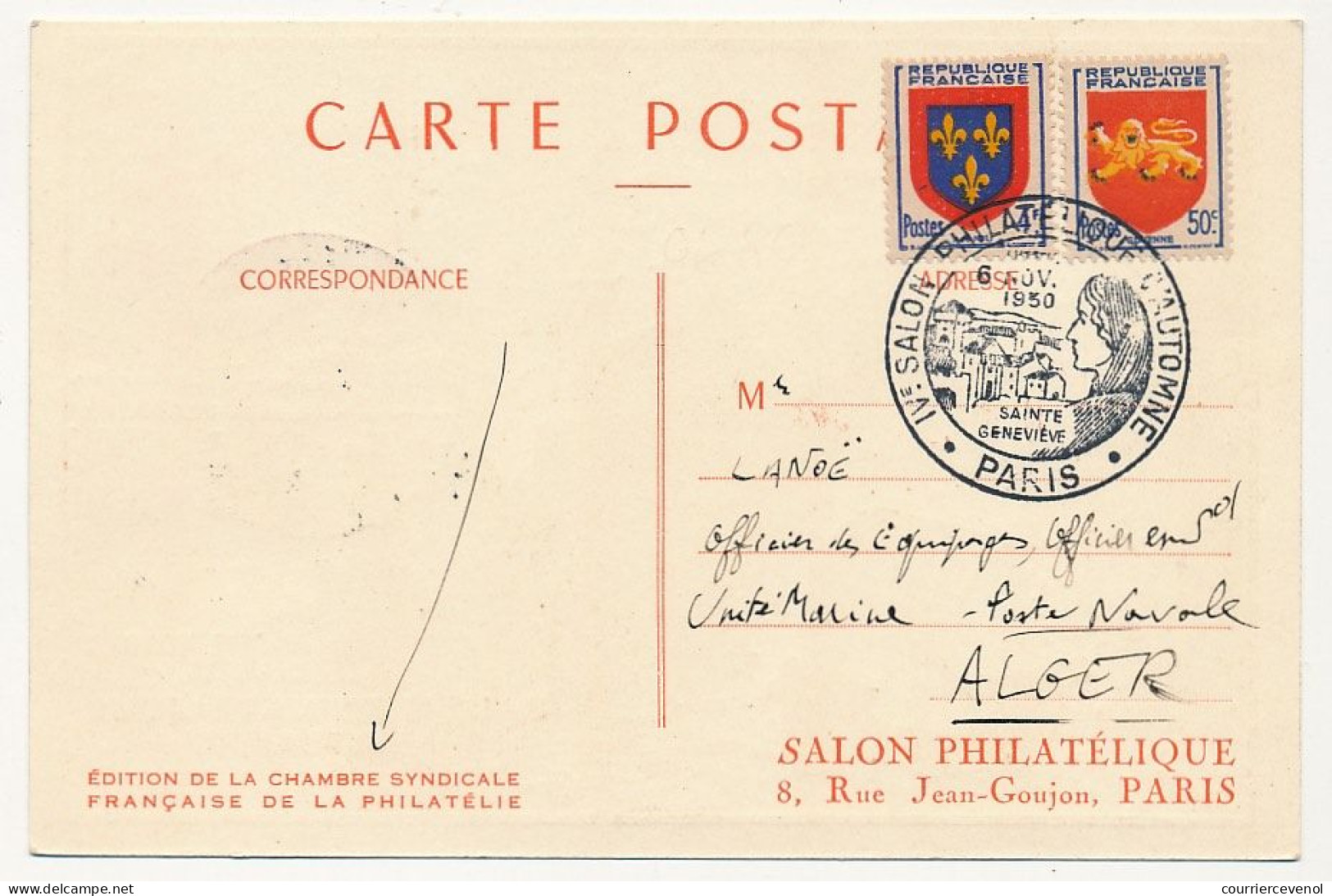 FRANCE => Carte Philatélique - 3,50 Colonnade Du Louvre - Cachet "IVeme Salon Philatélique D'Automne PARIS 6/11/1950" - Cachets Commémoratifs