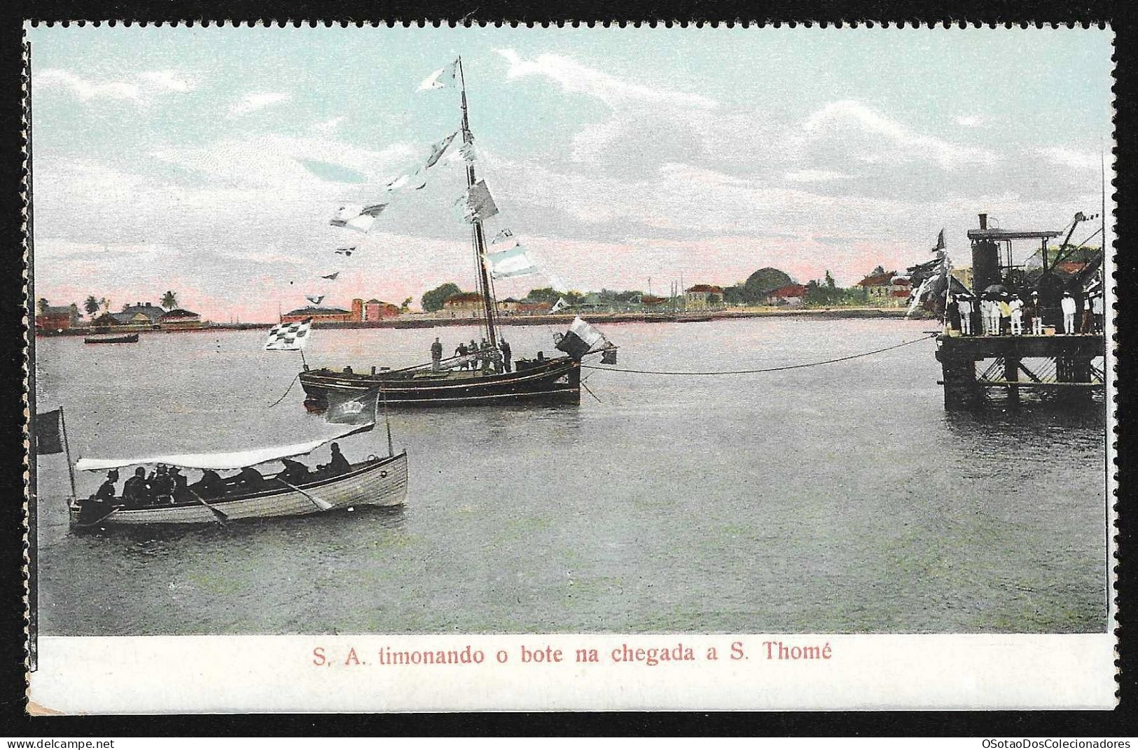 Postal S. Tomé E Principe - S. Thomé - Sua Alteza Timonando O Bote Na Chegada A S. Thomé - CPA Anime Etnic Boats - Sao Tome And Principe