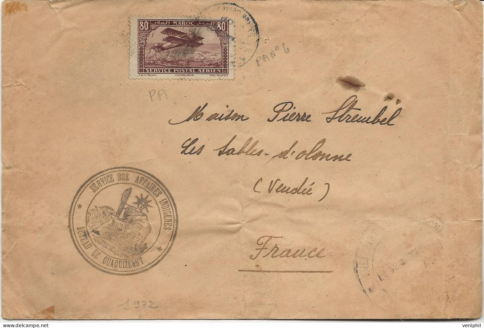 MAROC - LETTRE AFFRANCHIE POSTE AERIENNE  N° 7  CAD 1932 -+ CACHET SERVICE DES AFFAIRES INDIGENES -BUREAU DE OUAOUIZEUHT - Briefe U. Dokumente