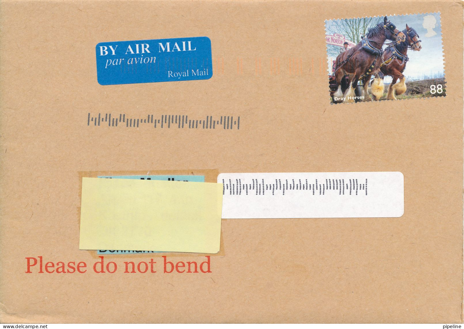 Great Britain Cover Sent Air Mail To Denmark 2014 Single Franked DRAY HORSES But No Postmark On Stamp Or Cover - Feuilles, Planches  Et Multiples