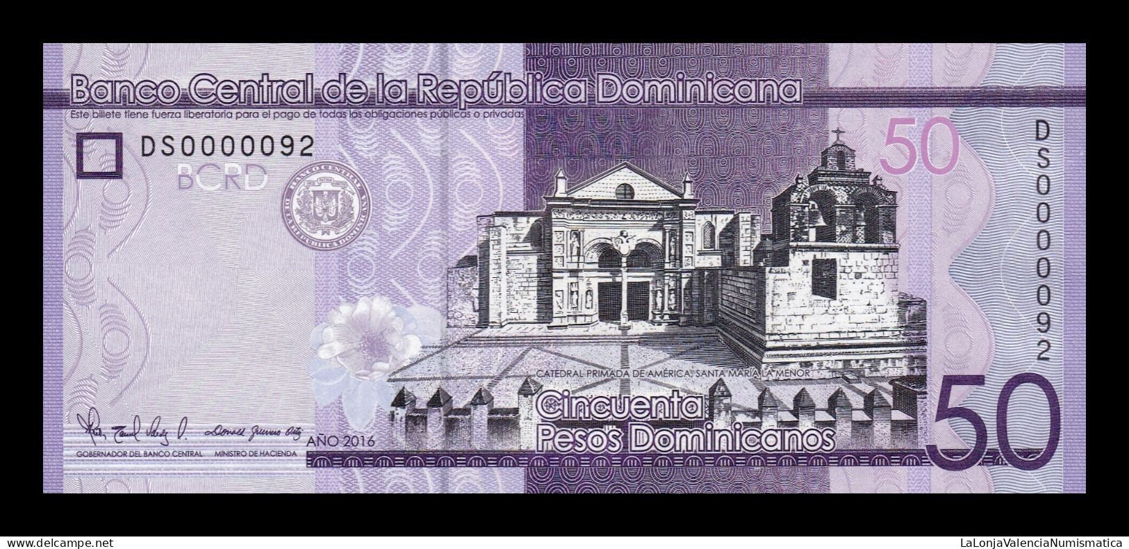 República Dominicana 50 Pesos Dominicanos 2016 Pick 189c Low Serial 92 Sc Unc - Dominicana