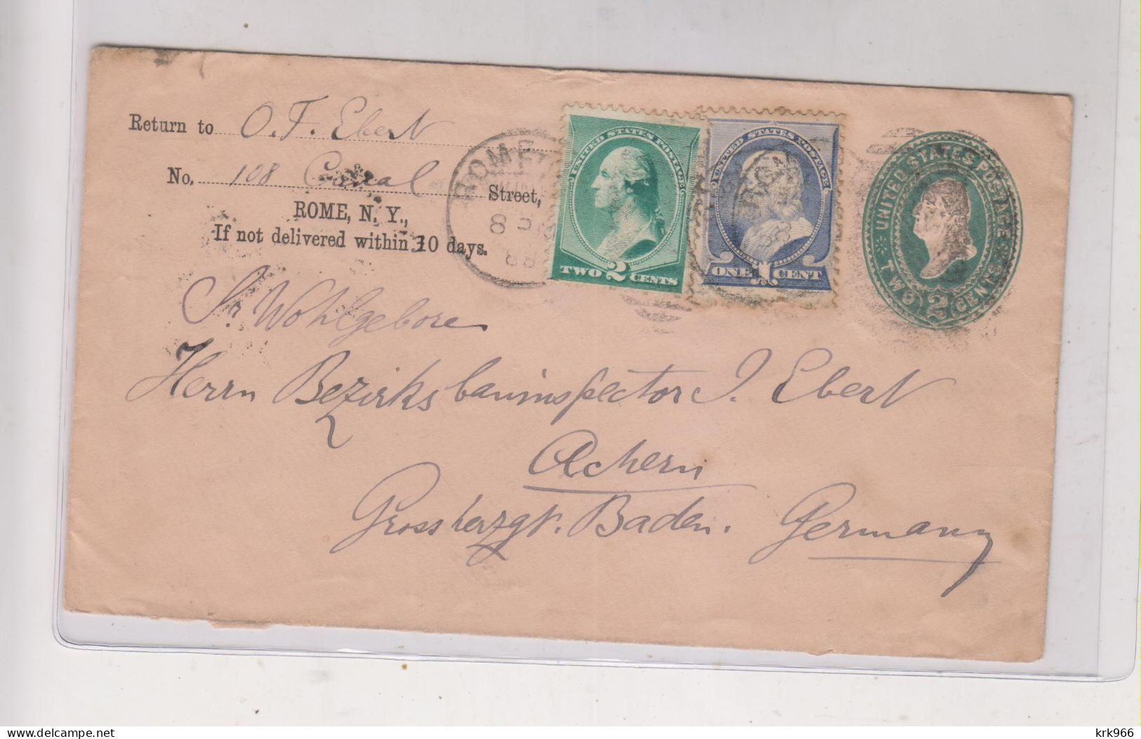 UNITED STATES 1888 ROME N.Y. Postal Stationery Cover  To Germany - ...-1900